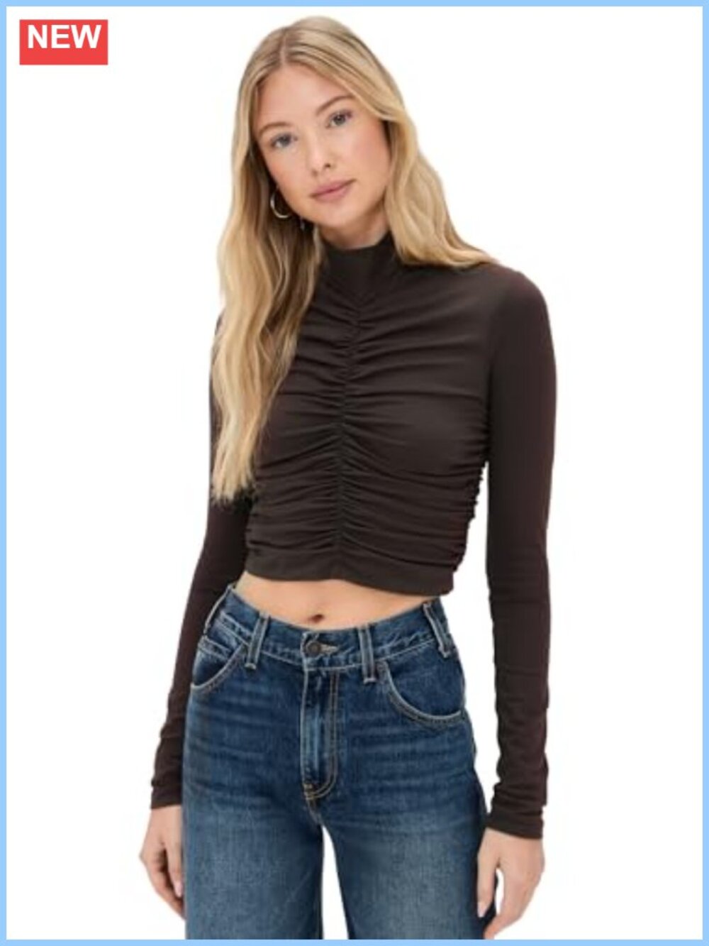 Mock Neck Gathered Long Sleeve Stretch Jersey Top